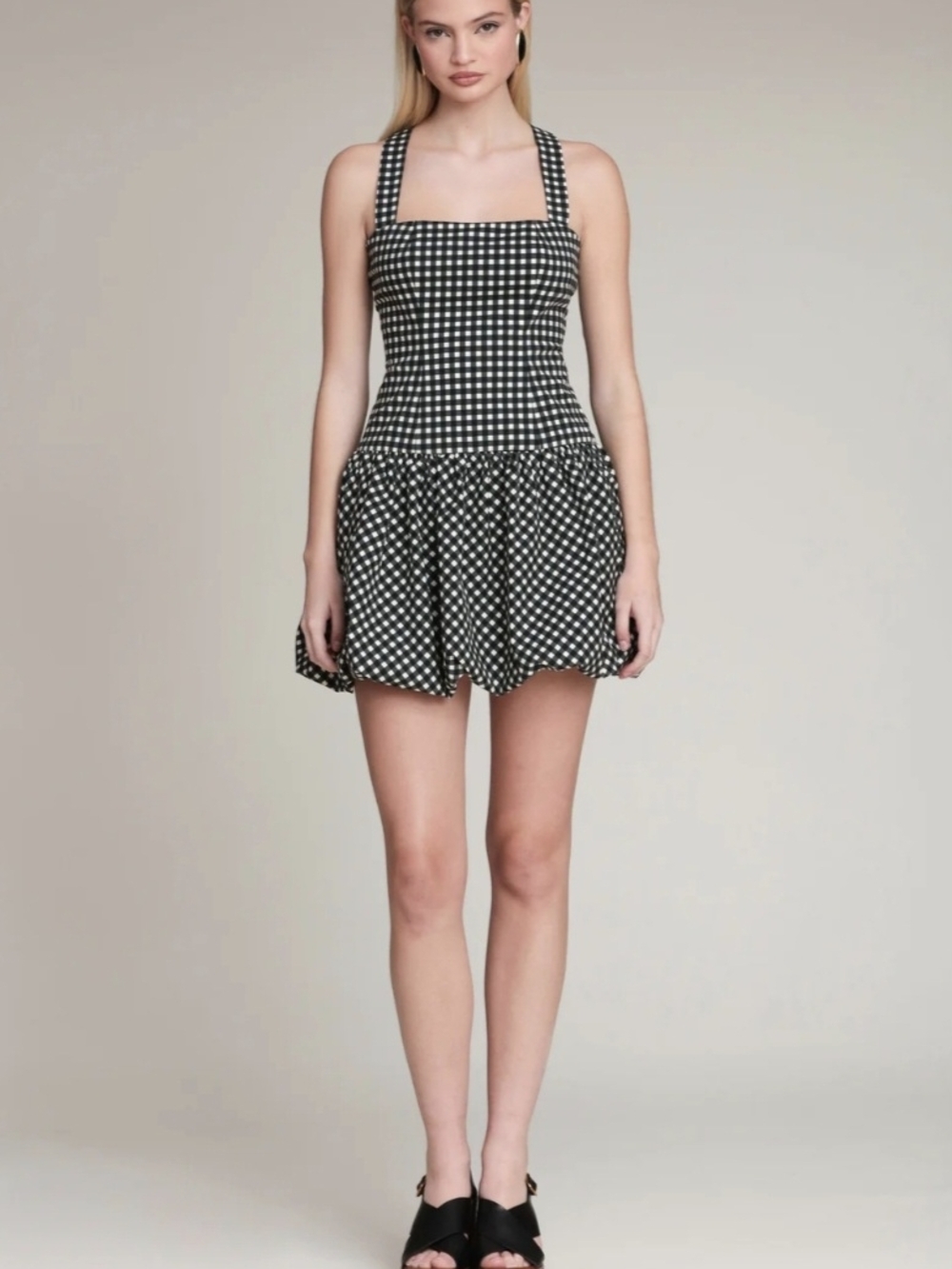 Avec Les Filles Black and White Gingham Square-Neck Mini Dress